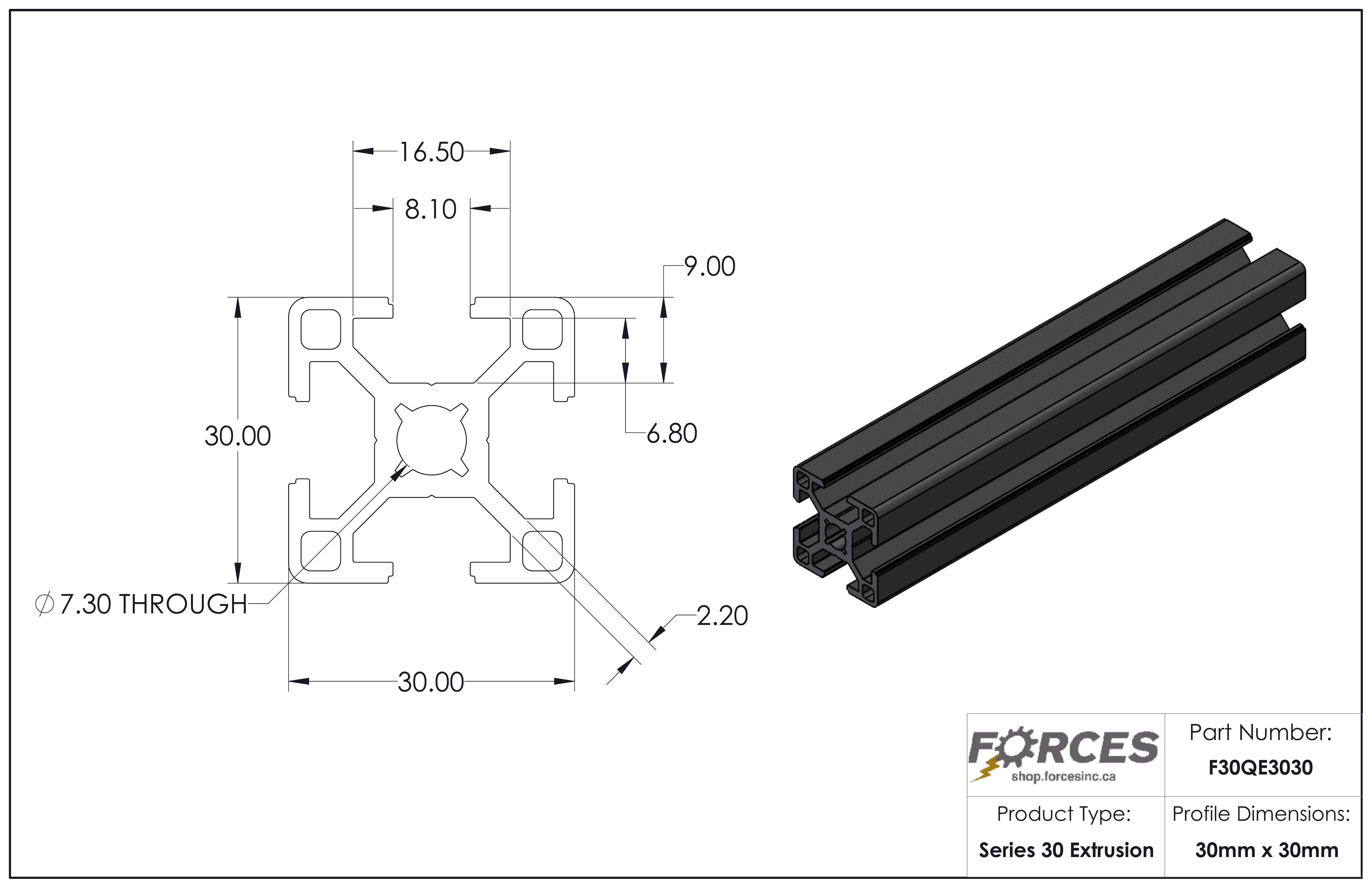 30mm x 30mm Black Smooth T-Slotted Aluminum Extrusion