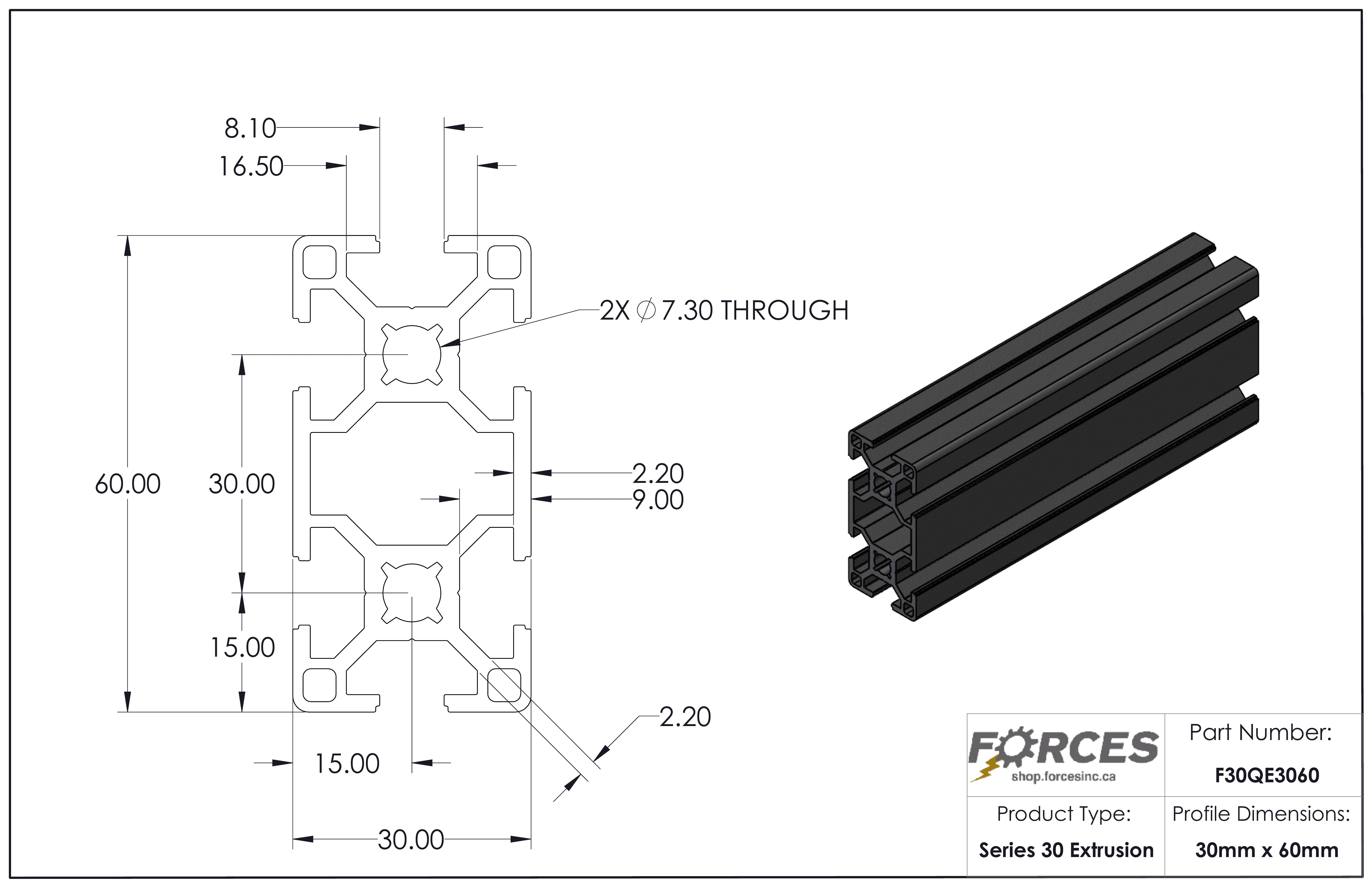 30mm x 60mm Black Smooth T-Slotted Aluminum Extrusion