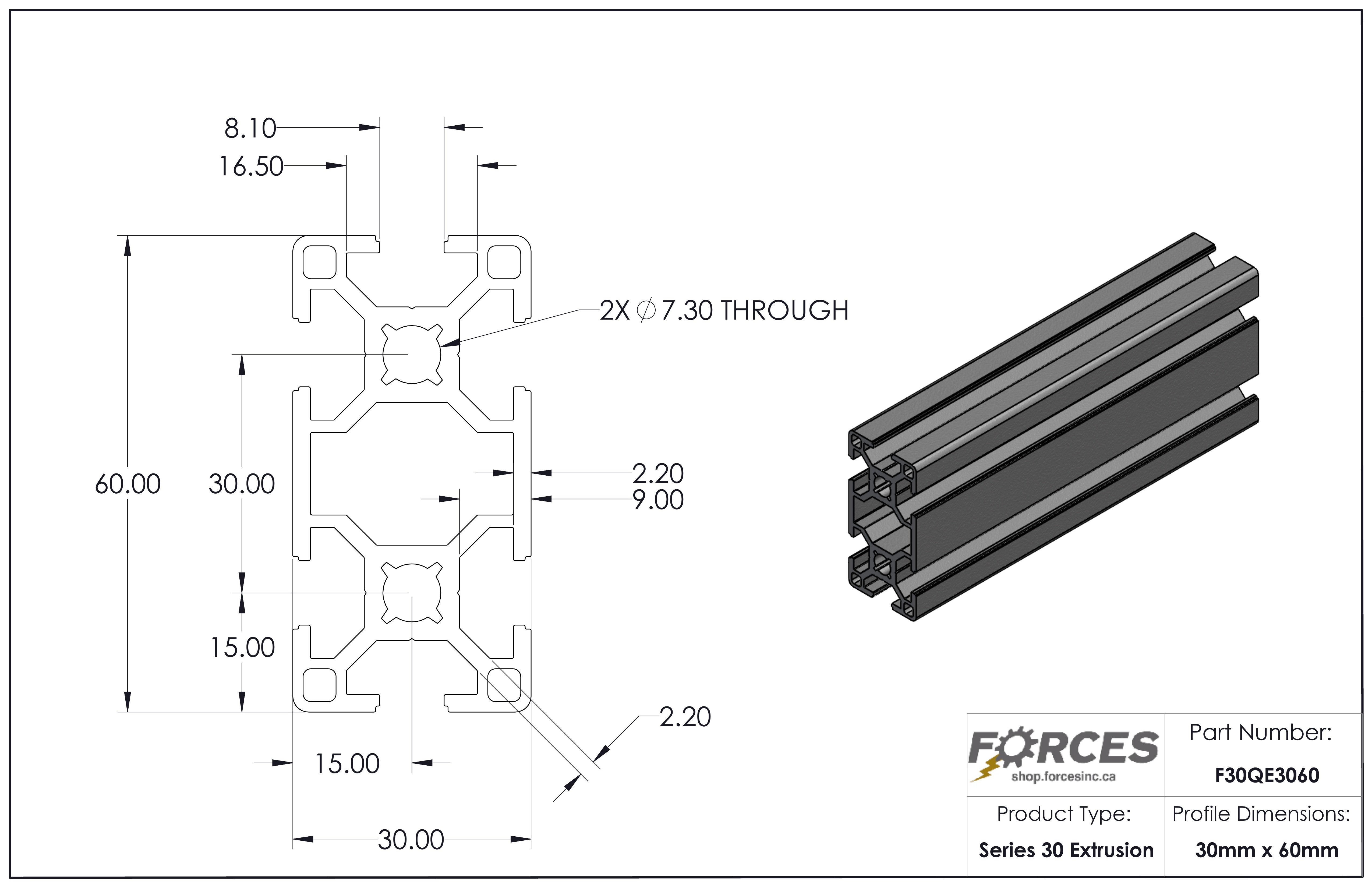 30mm x 60mm Smooth T-Slotted Aluminum Extrusion