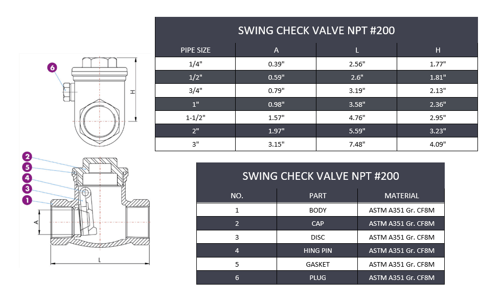 3/4" Swing Check Valve NPT #200 - Stainless Steel 316 - Forces Inc