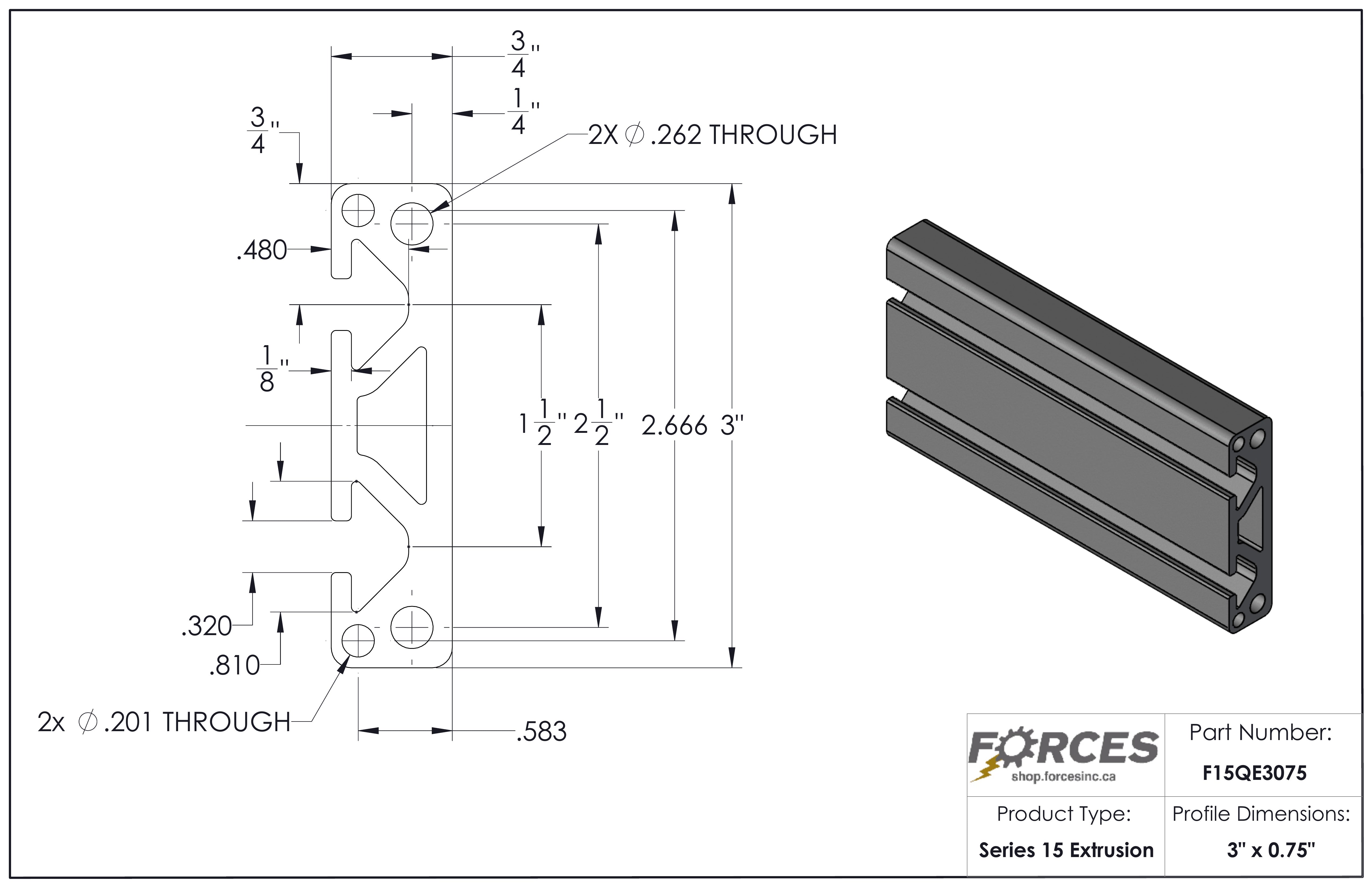 3" x 0.75" T-Slotted Aluminum Extrusion Smooth