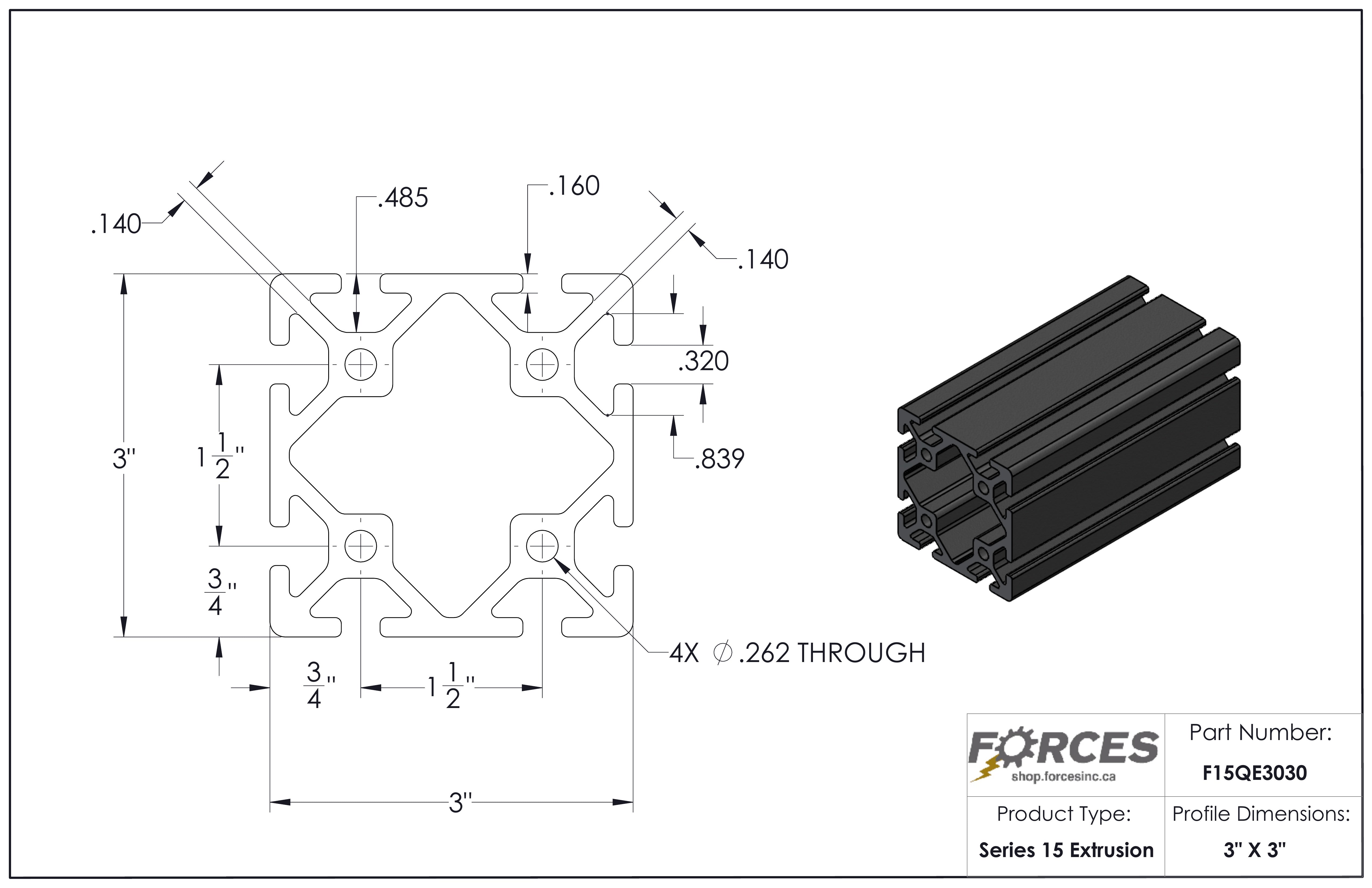 3" x 3" T-Slotted Aluminum Extrusion Black Smooth
