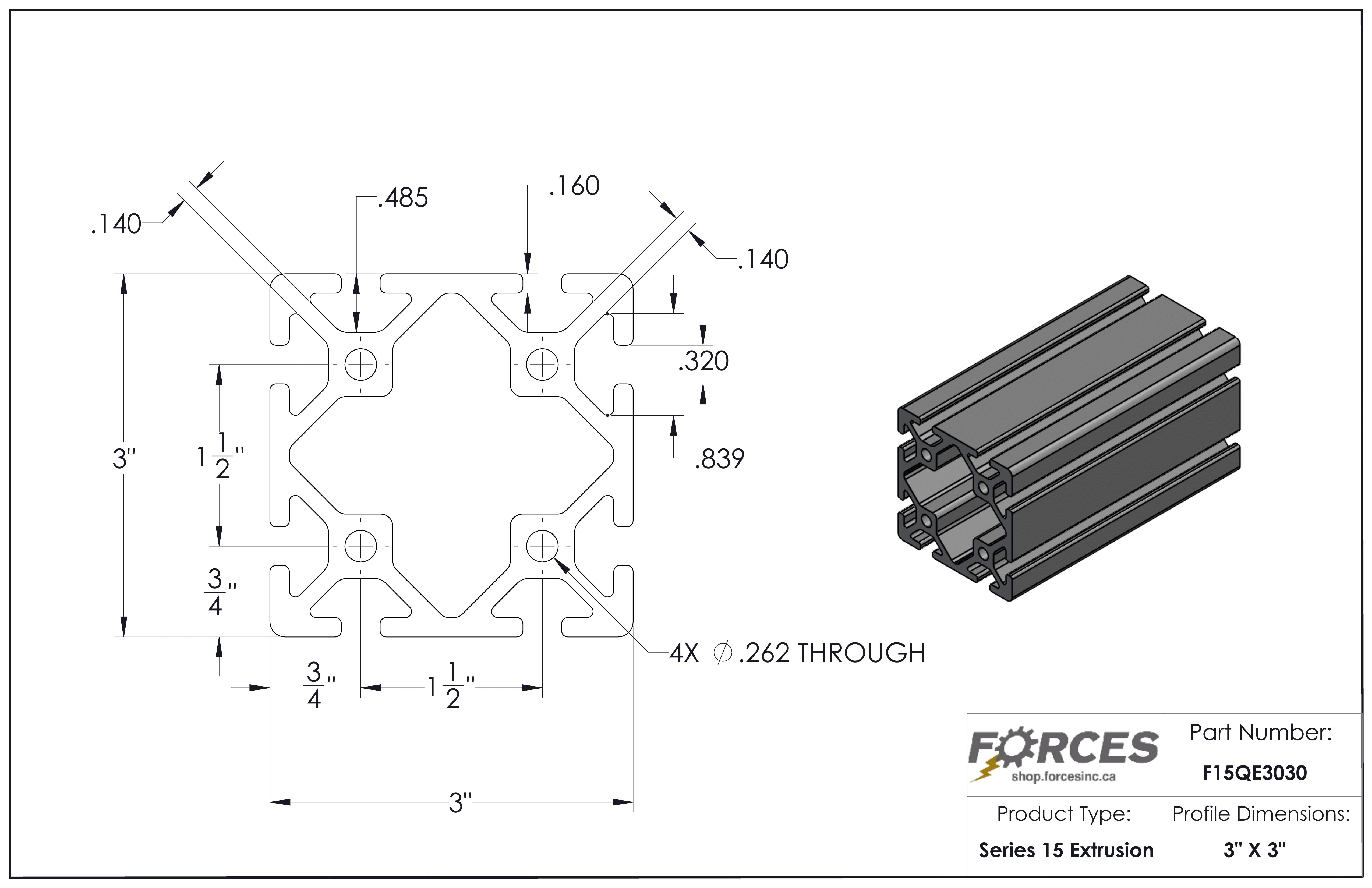 3" x 3" T-Slotted Aluminum Extrusion Smooth