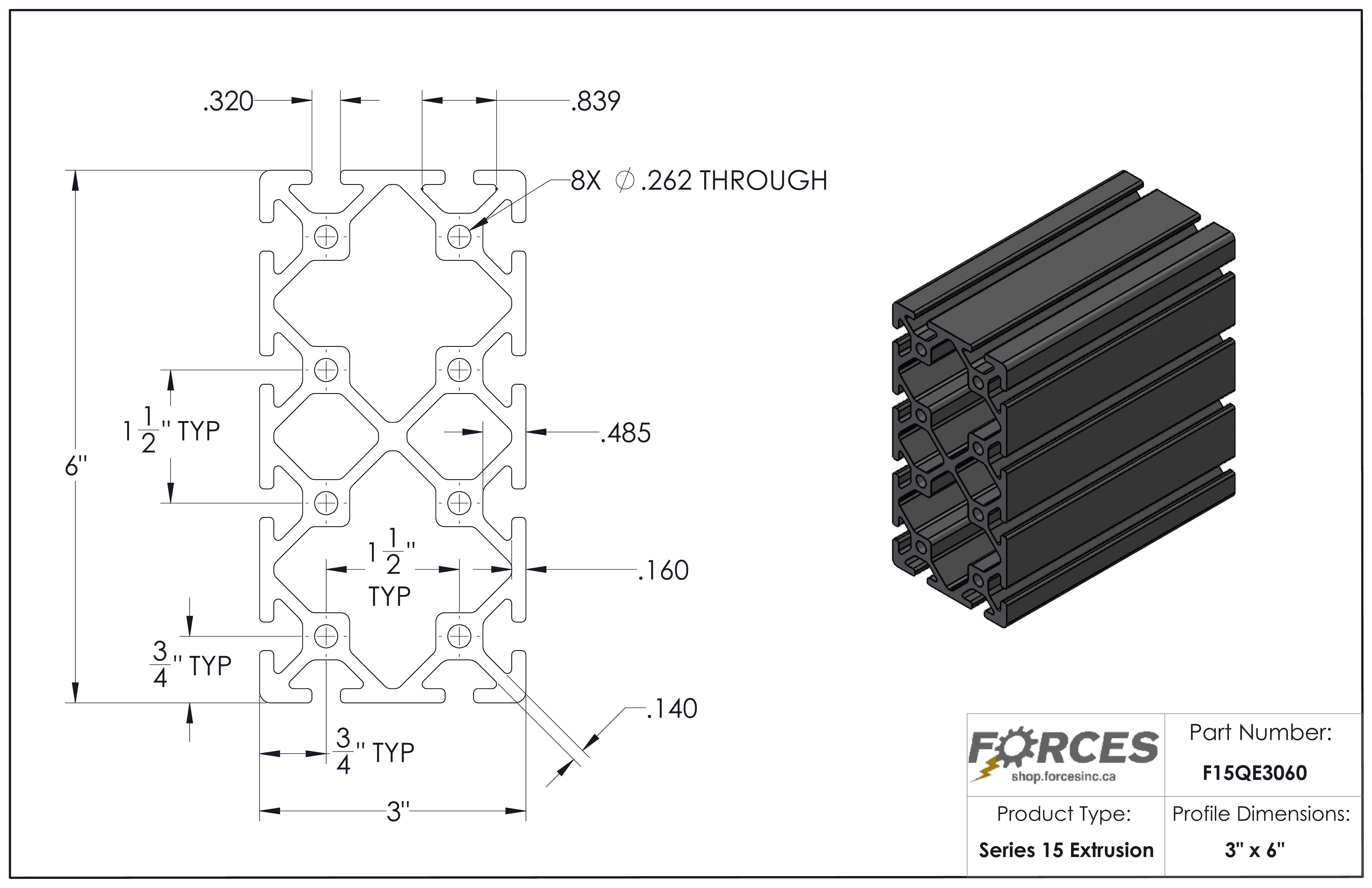 3" x 6" T-Slotted Aluminum Extrusion Smooth