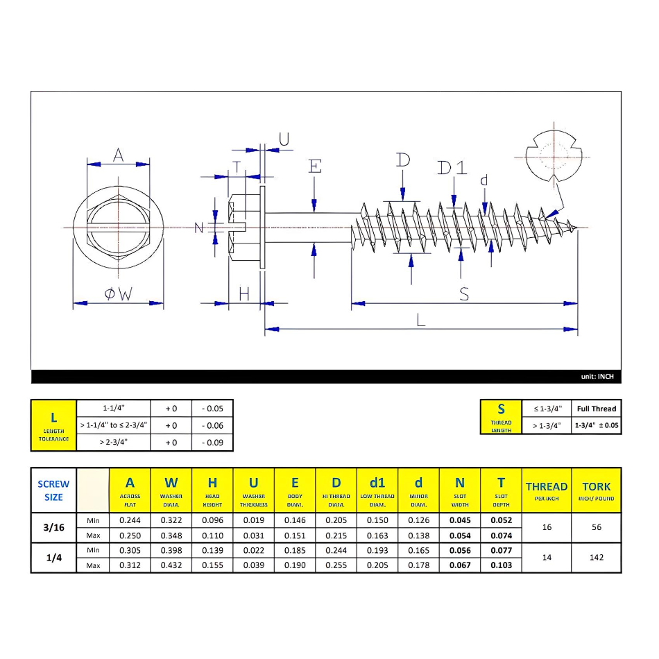 1/4" x 1-1/4" Concrete Screw Blue Coating Hex Washer Head