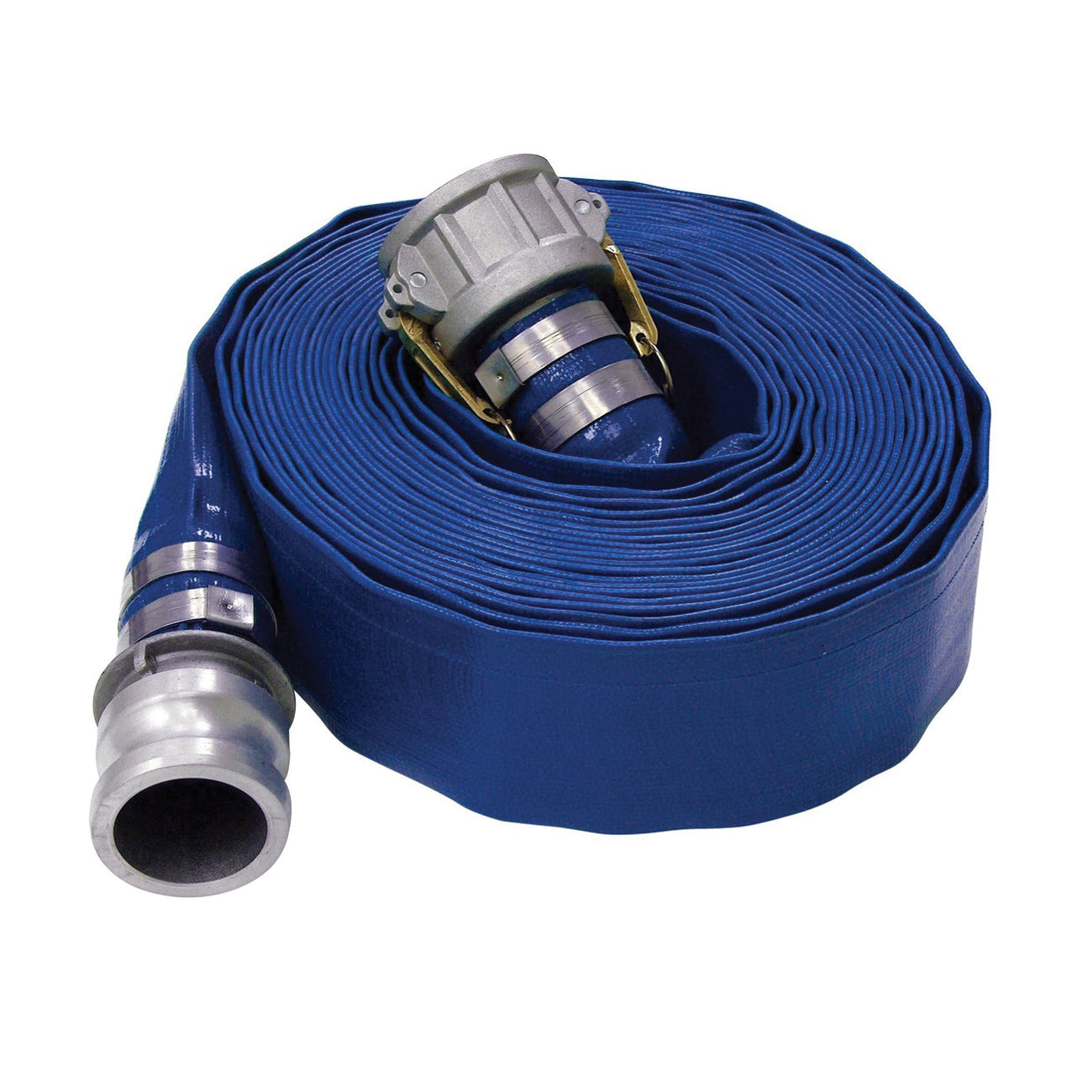 Water Discharge Layflat Hose Assembly W/ Camlock 1-1/2" I.D. 70 PSI - Blue PVC
