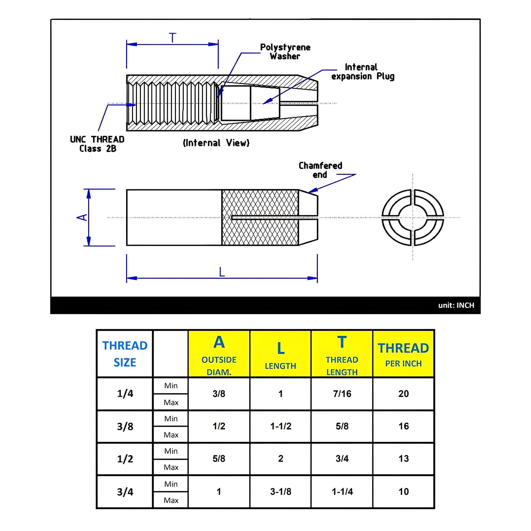 3/8" x 1-9/16" Knurled Drop-in Anchor - Stainless Steel 316