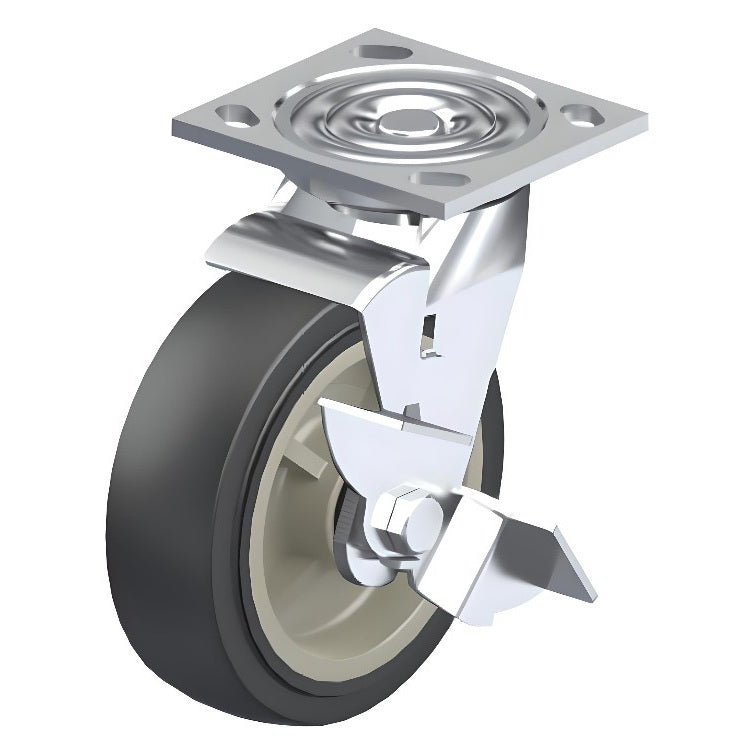 Polyurethane Grey Caster 4" x 2" Swivel Wheel Brake (WB) 600 lbs Roller Bearing P21 Series