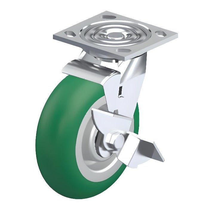 Polyurethane Green Caster 8" x 2" Swivel Wheel Brake (WB) 1250 lbs Precision Ball Bearing P21 Series