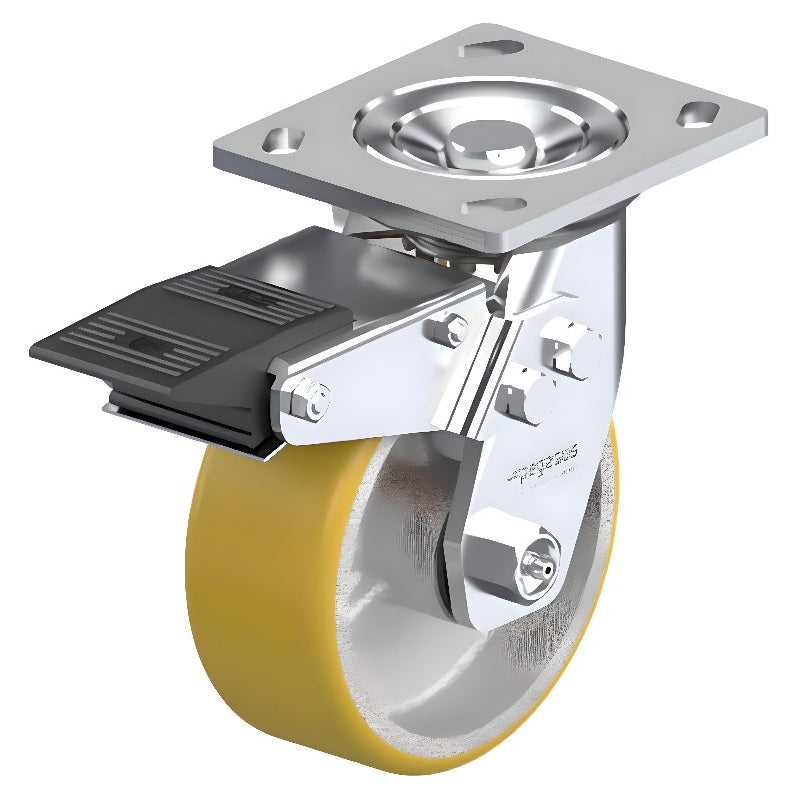 Polyurethane Yellow Caster 4" x 2" Swivel Total Lock Brake (TB) 700 lbs Roller Bearing P21 Series