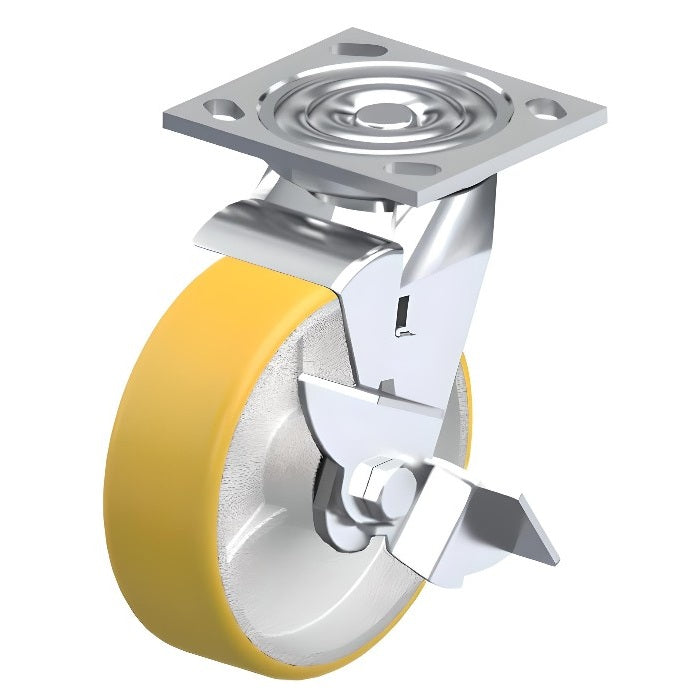Polyurethane Yellow Caster 4" x 2" Swivel Wheel Brake (WB) 700 lbs Roller Bearing P21 Series