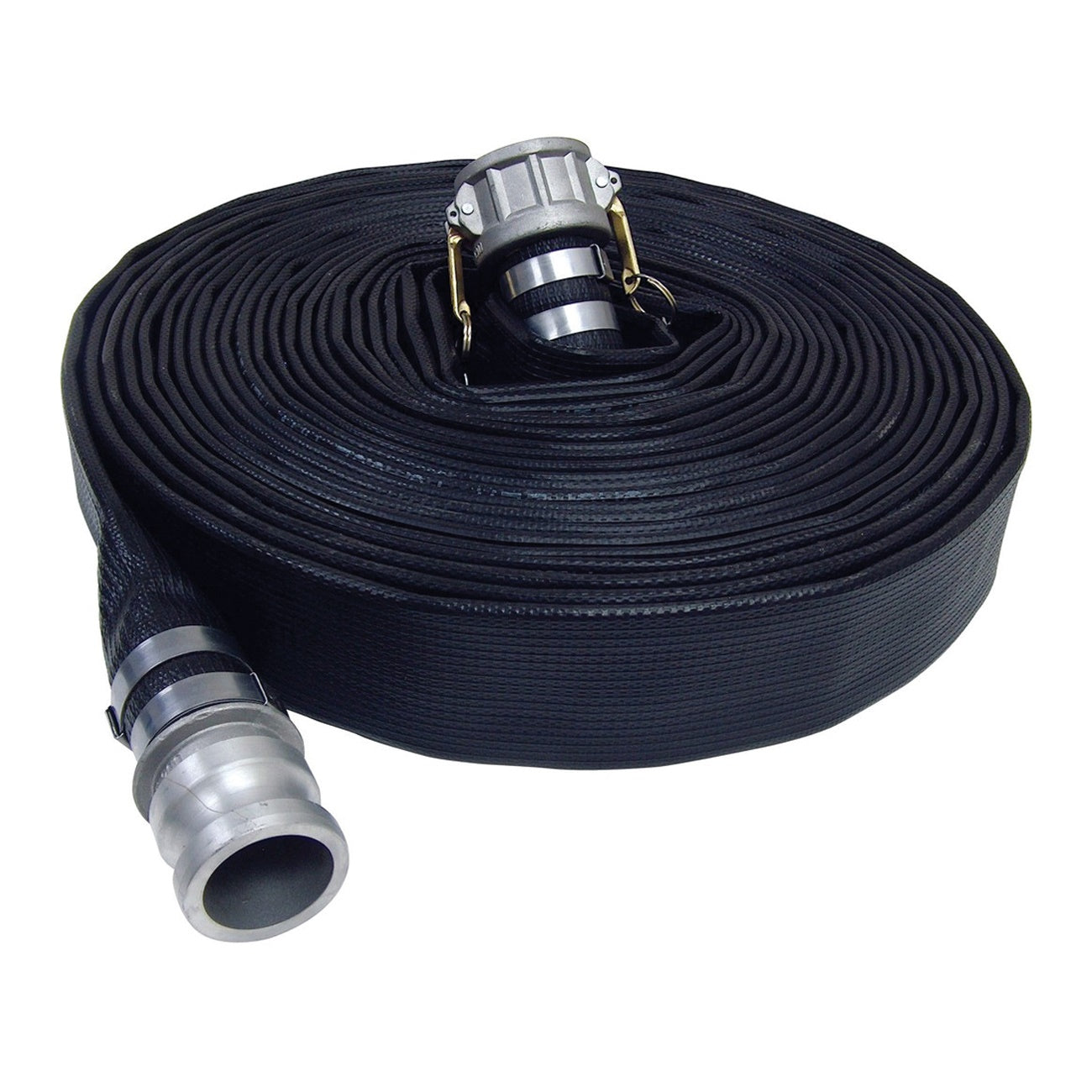 Water Discharge Layflat Hose Assembly W/ Camlock 3" I.D. 175 PSI - Black Nitrile Rubber