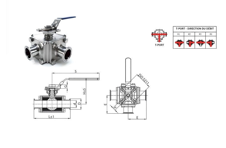 2" Tri-Clamp T-Port 3 Way Ball Valve - SS 316