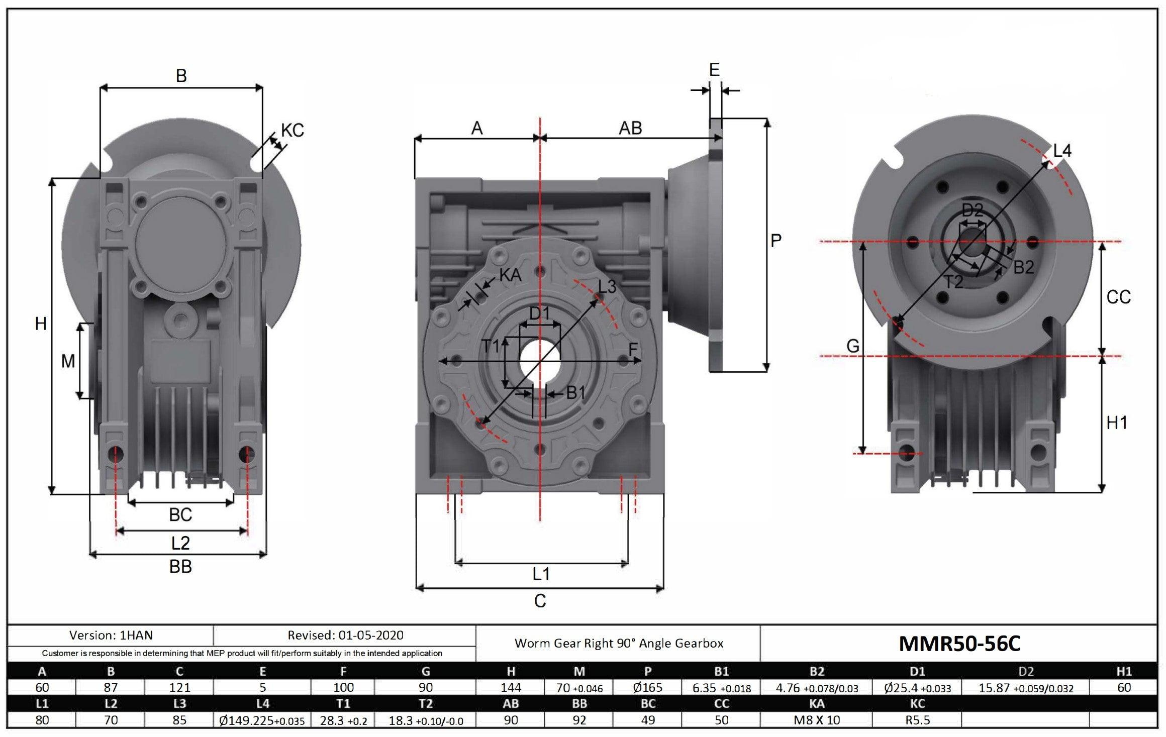 Aluminum Gearbox 56C 10:1 Size 50 Bore 1" - Forces Inc