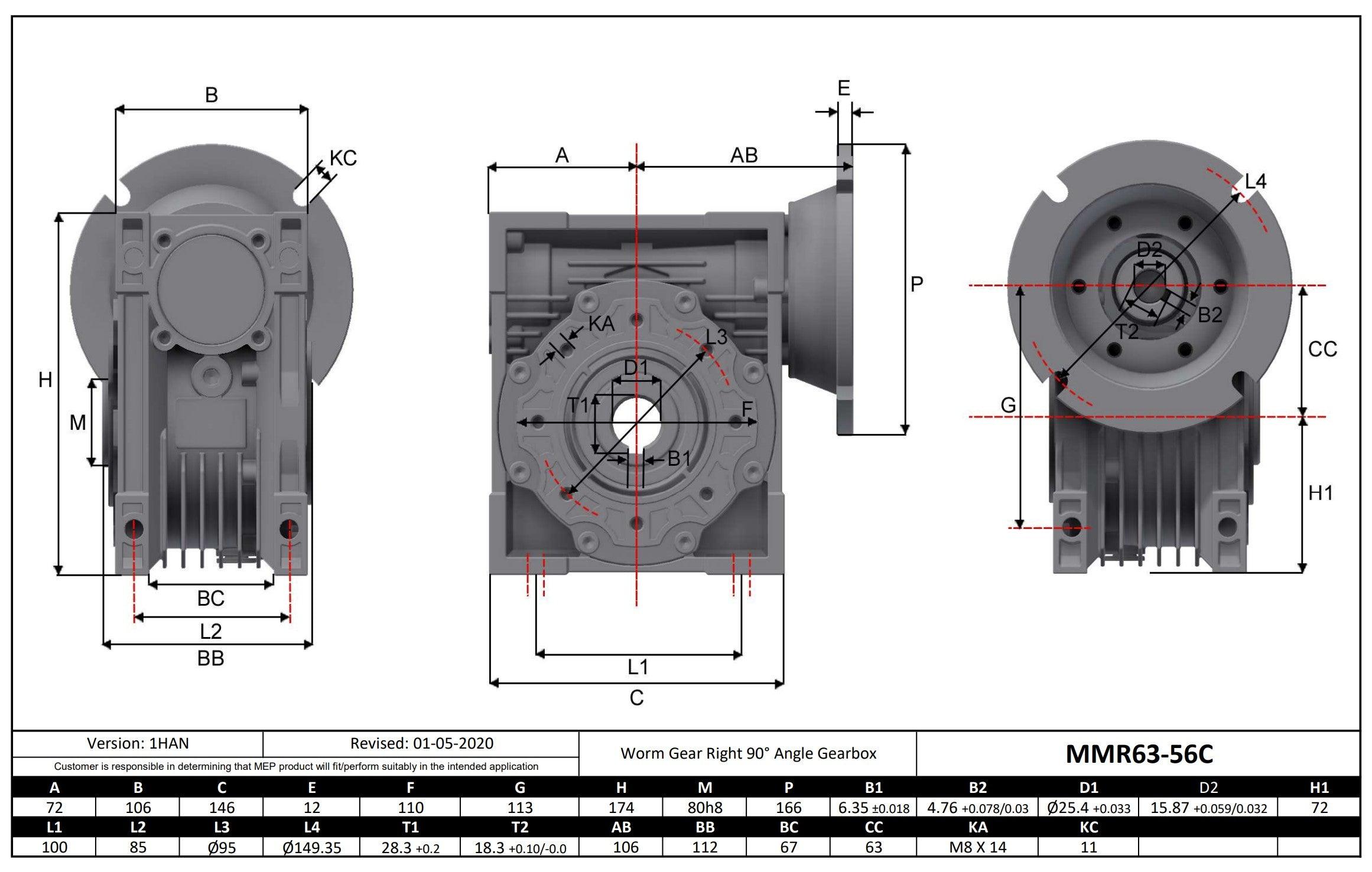 Aluminum Gearbox 56C 100:1 Size 63 Bore 1" - Forces Inc