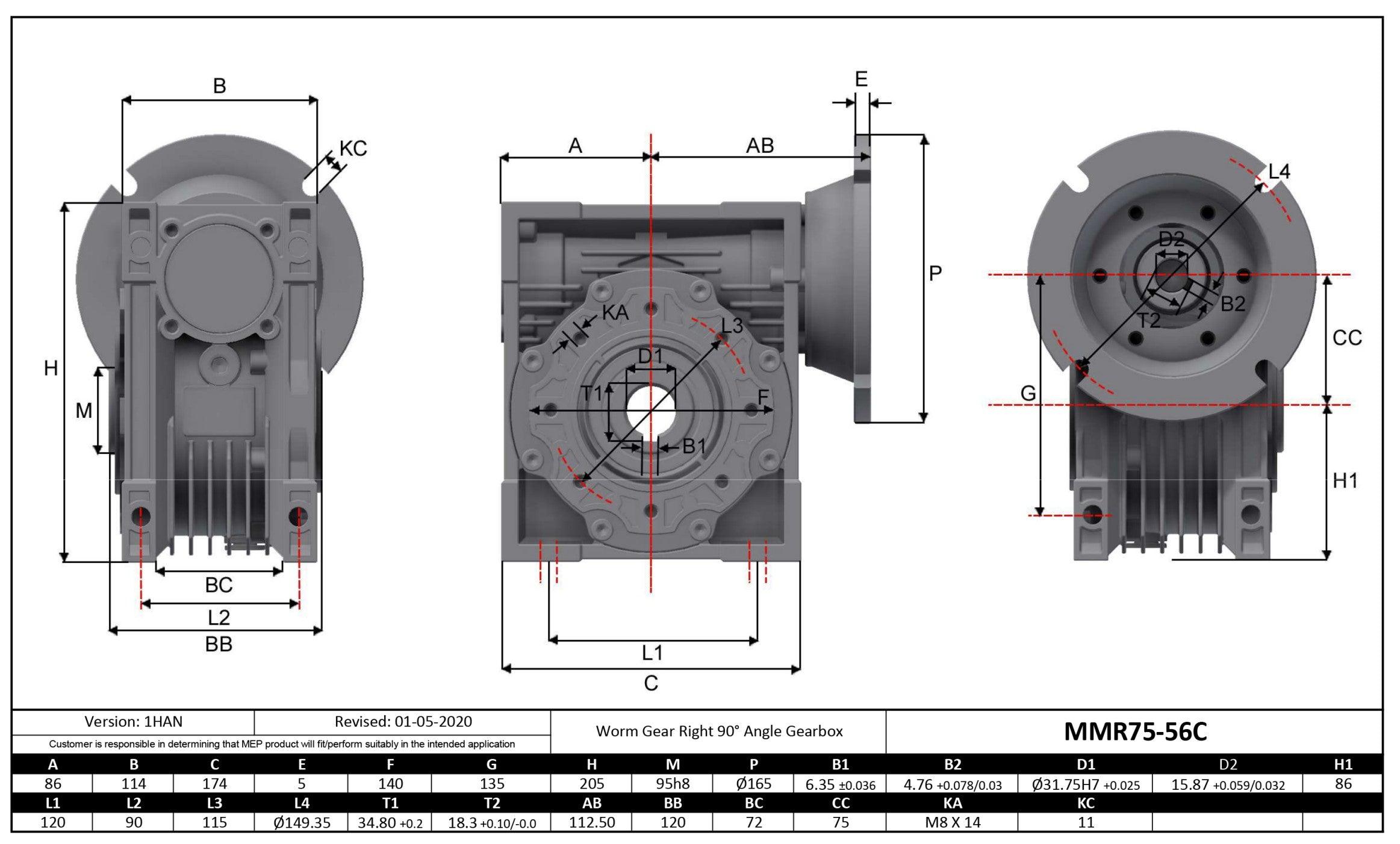 Aluminum Gearbox 56C 60:1 Size 75 Bore 1.25" - Forces Inc