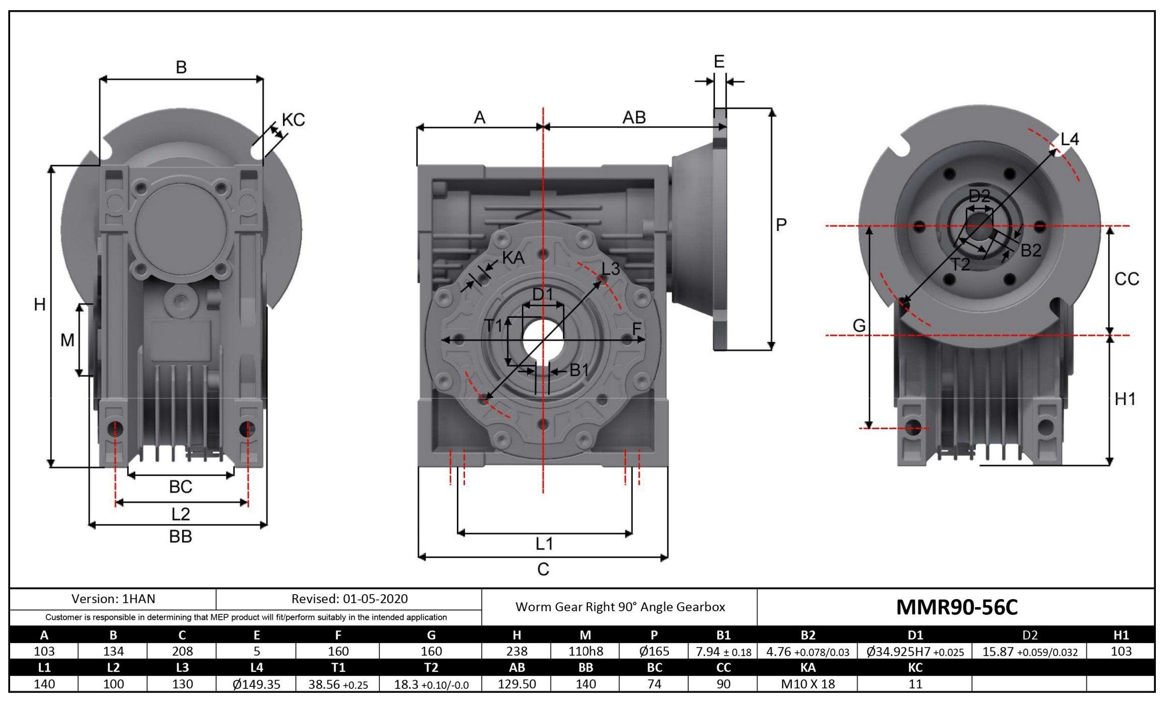 Aluminum Gearbox 56C 80:1 Size 90 Bore 1.375" - Forces Inc