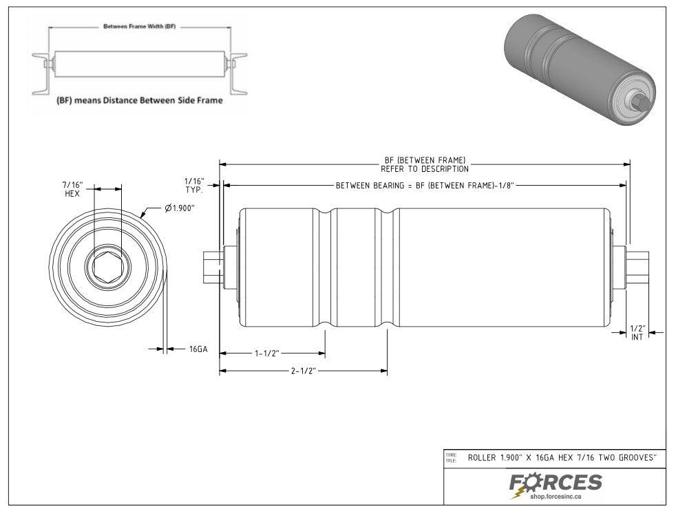 Conveyor Rollers 10-1/2" BF | 1.90" Dia. (2) Groove Hex Shaft 7/16" 16 Ga Galvanized - Forces Inc