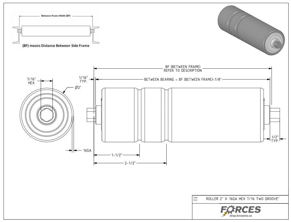 Conveyor Rollers 10-1/2" BF | 2" Dia. (2) Groove Hex Shaft 7/16" 16 Ga HRPO - Forces Inc