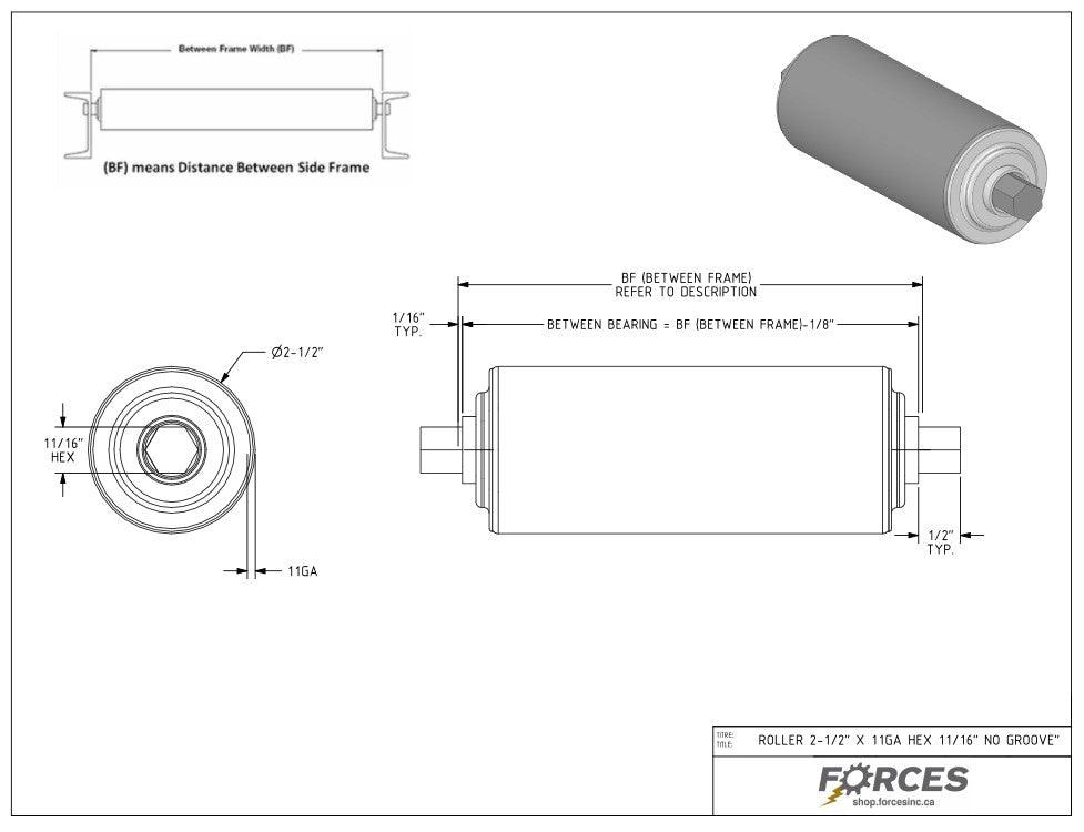 Conveyor Rollers 10-3/4" BF | 2.50" Dia. Hex Shaft 11/16" 11 Ga HSS - Forces Inc