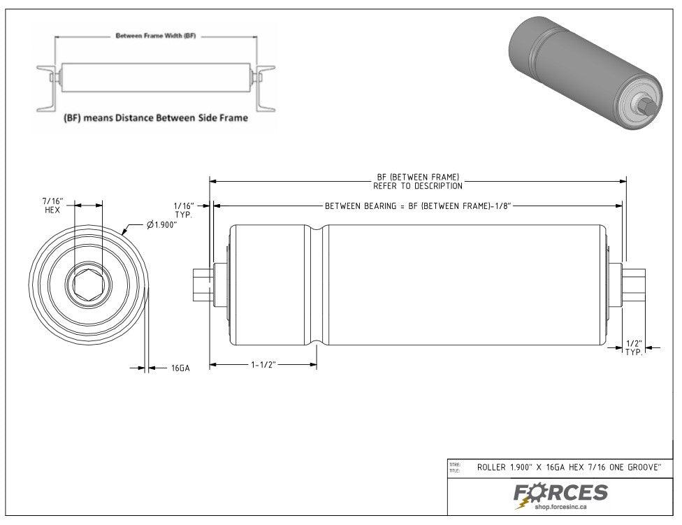 Conveyor Rollers 20" BF | 1.90" Dia. (1) Groove Hex Shaft 7/16" 16 Ga Galvanized - Forces Inc