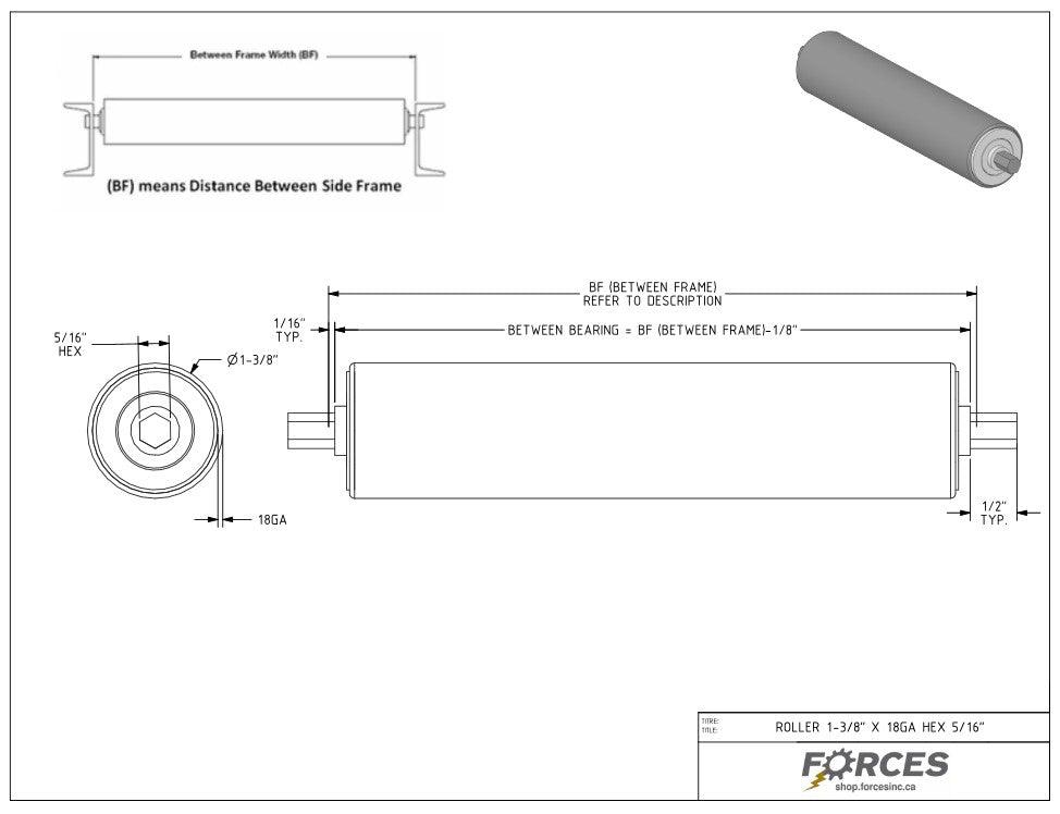 Conveyor Rollers 46" BF | 1.375'' Dia. Hex Shaft 5/16" 18 Ga Galvanized - Forces Inc