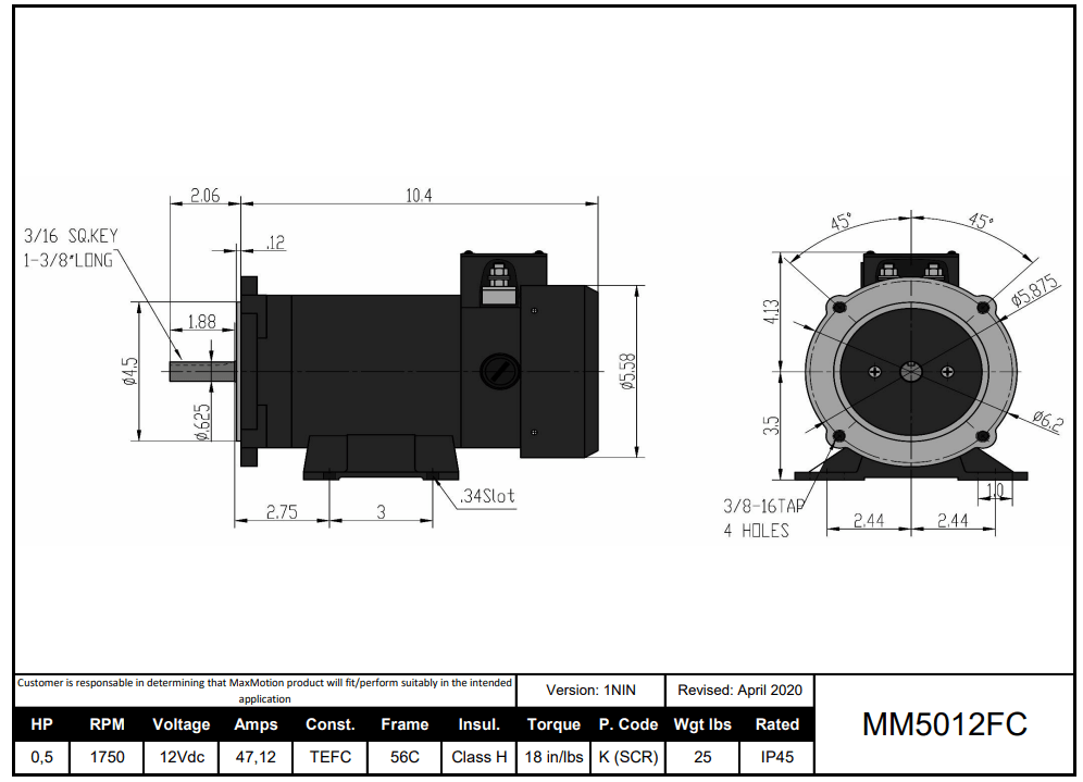 DC Motor 1/2HP, 1750RPM, 12V (DC), Frame 56C, TEFC | MM5012FC - Forces Inc