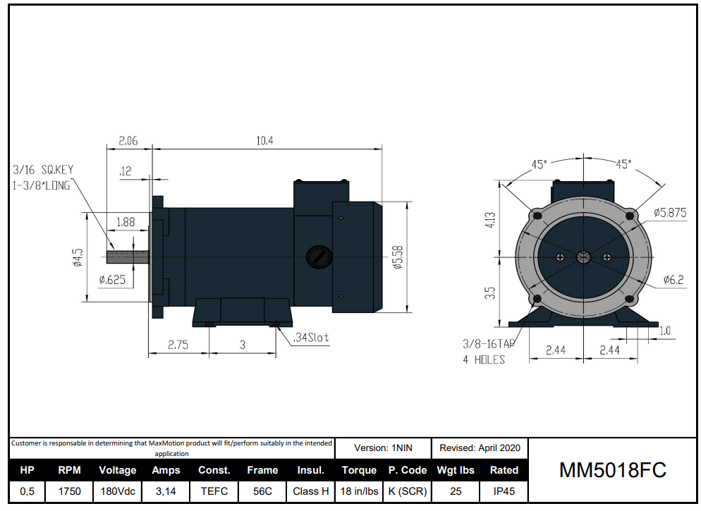 DC Motor 1/2HP, 1750RPM, 180V (DC), Frame 56C, TEFC | MM5018FC - Forces Inc