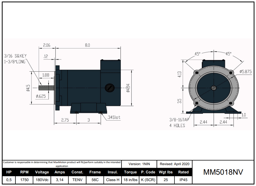 DC Motor 1/2HP, 1750RPM, 180V (DC), Frame 56C, TENV | MM5018NV - Forces Inc