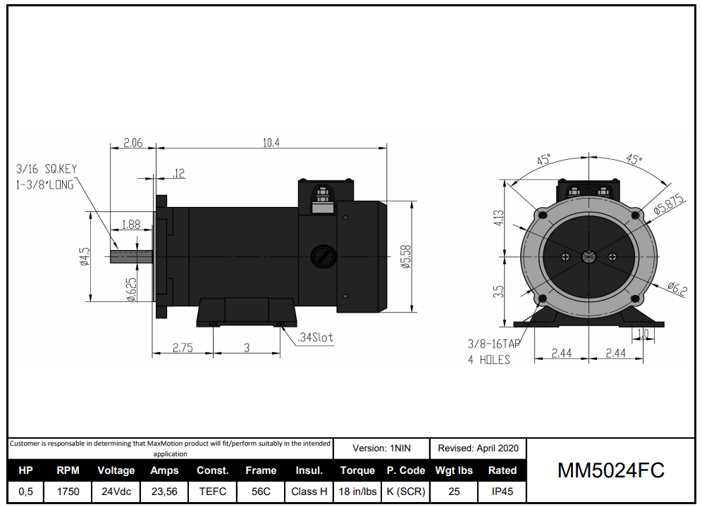 DC Motor 1/2HP, 1750RPM, 24V (DC), Frame 56C, TEFC | MM5024FC - Forces Inc