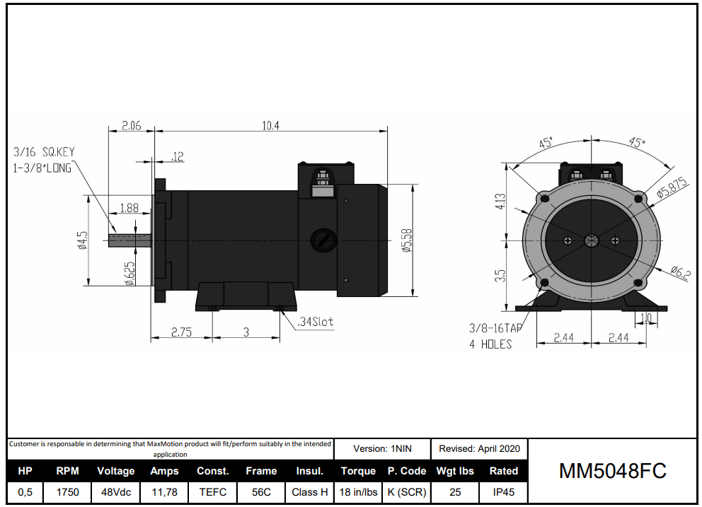 DC Motor 1/2HP, 1750RPM, 48V (DC), Frame 56C, TEFC | MM5048FC - Forces Inc