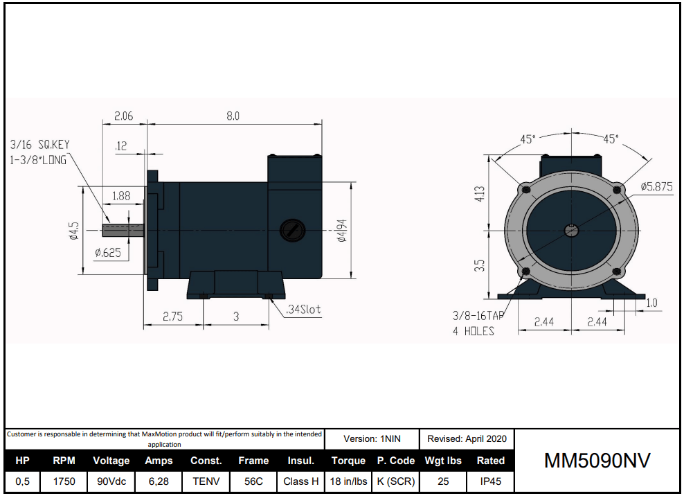 DC Motor 1/2HP, 1750RPM, 90V (DC), Frame 56C, TENV | MM5090NV - Forces Inc