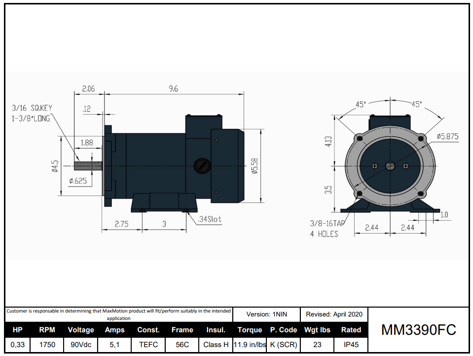 DC Motor 1/3HP, 1750RPM, 90V (DC), Frame 56C, TEFC | MM3390FC - Forces Inc