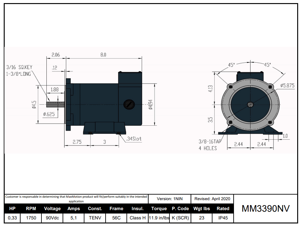 DC Motor 1/3HP, 1750RPM, 90V (DC), Frame 56C, TENV | MM3390NV - Forces Inc