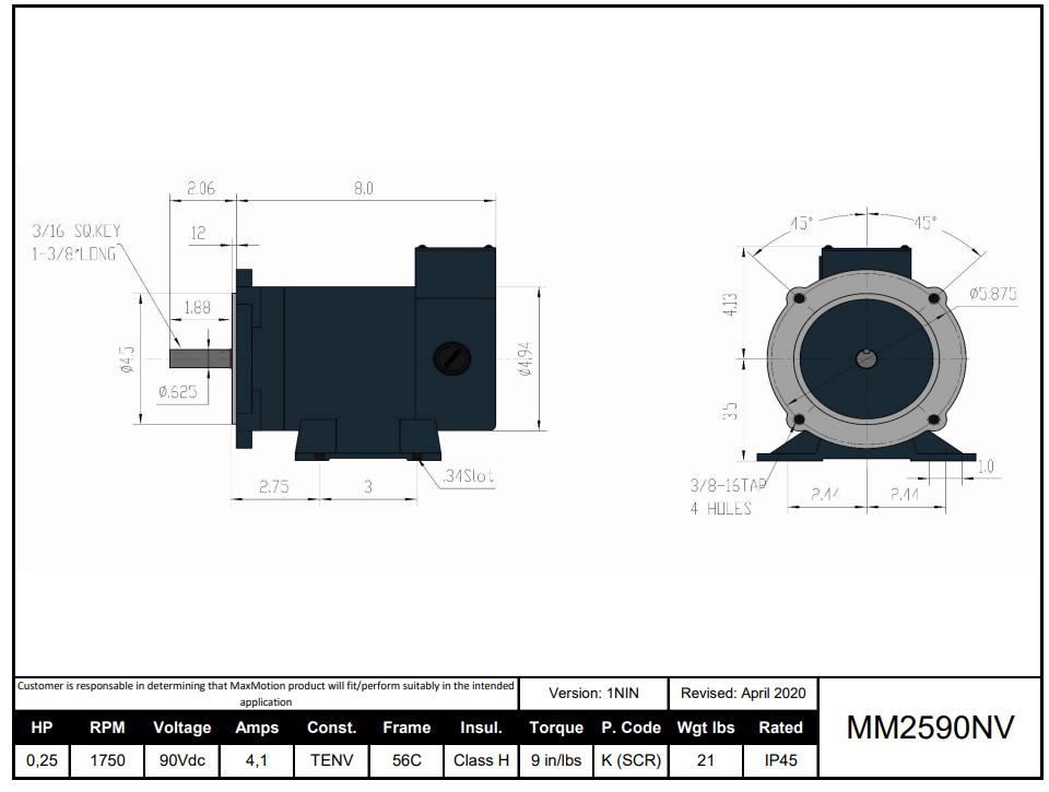 DC Motor 1/4HP, 1750RPM, 90V (DC), Frame 56C, TENV | MM2590NV - Forces Inc