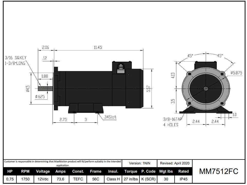 DC Motor 3/4HP, 1750RPM, 12V (DC), Frame 56C, TEFC | MM7512FC - Forces Inc