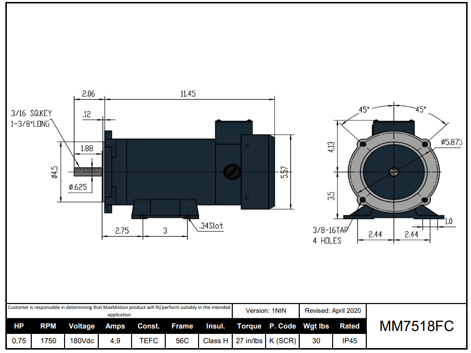 DC Motor 3/4HP, 1750RPM, 180V (DC), Frame 56C, TEFC | MM7518FC - Forces Inc