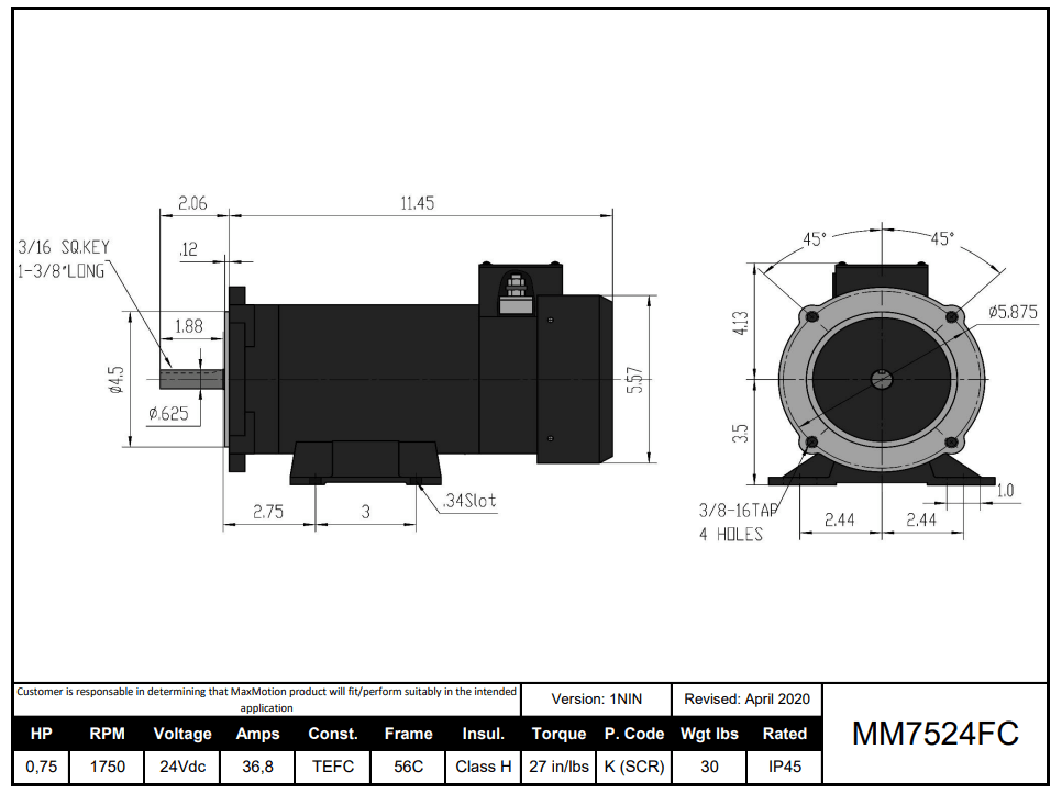 DC Motor 3/4HP, 1750RPM, 24V (DC), Frame 56C, TEFC | MM7524FC - Forces Inc