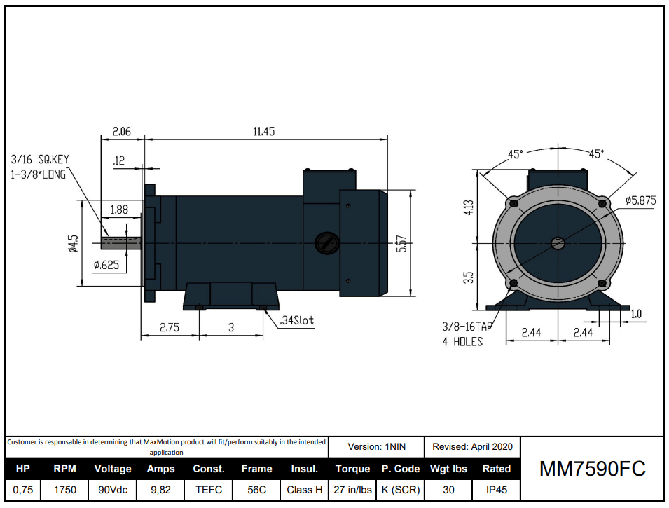 DC Motor 3/4HP, 1750RPM, 90V (DC), Frame 56C, TEFC | MM7590FC - Forces Inc