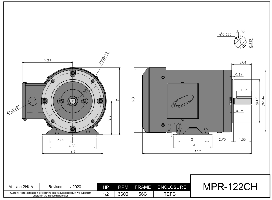 General Purpose Motor 1/2HP, 3600RPM, 575V, Frame 56C, TEFC | MPR-122CH - Forces Inc