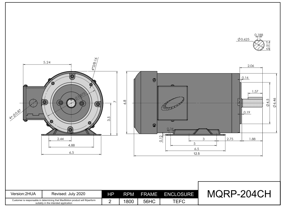 General Purpose Motor 2HP, 1800RPM, 208-230/460V, Frame 56HC, TEFC | MQRP-204CH - Forces Inc