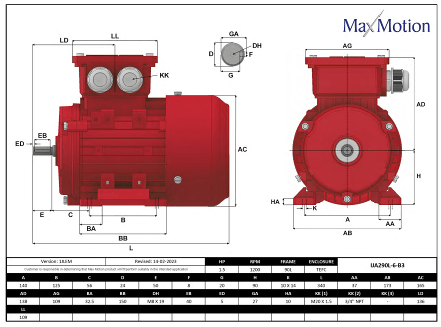 IEC Motor 1.5HP, 1200RPM, 208-230/460V, Frame 90L, TEFC | IJA290L-6-24 - Forces Inc