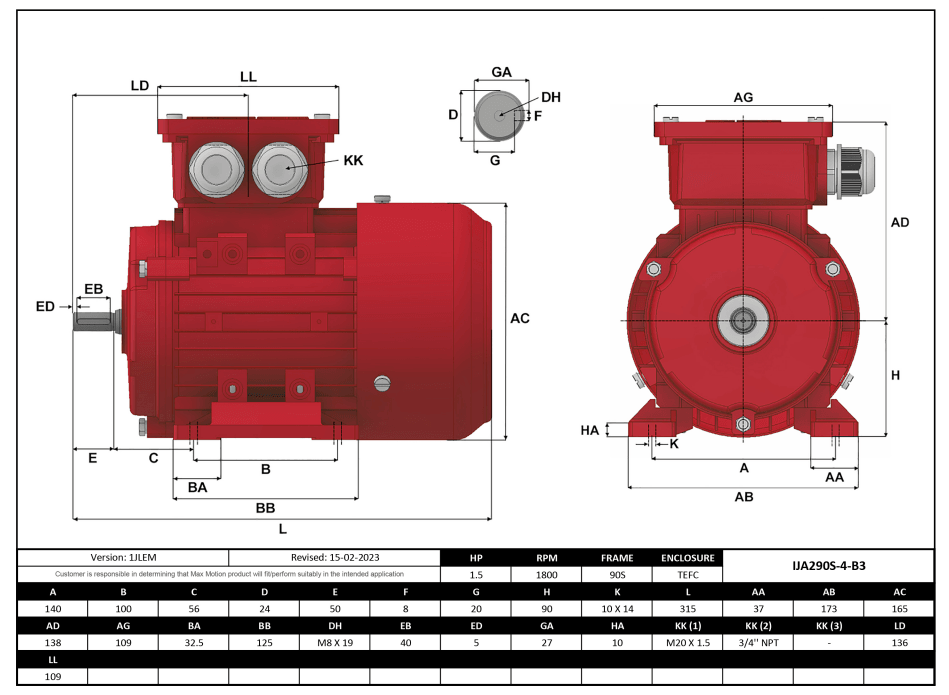 IEC Motor 1.5HP, 1800RPM, 208-230/460V, Frame 90S, TEFC | IJA290S-4-24 - Forces Inc