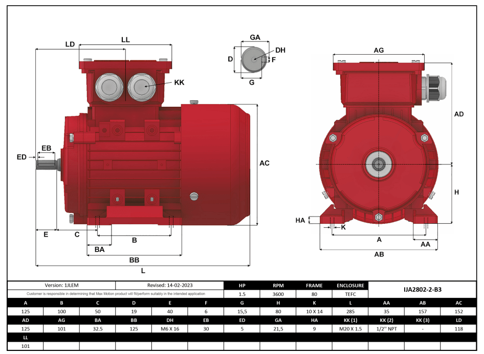 IEC Motor 1.5HP, 3600RPM, 208-230/460V, Frame 80, TEFC | IJA2802-2-24 - Forces Inc