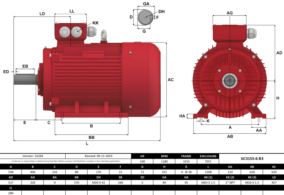 IEC Motor 100HP, 1200RPM, 460/796V, Frame 315S, TEFC | IJC315S-6-47 - Forces Inc