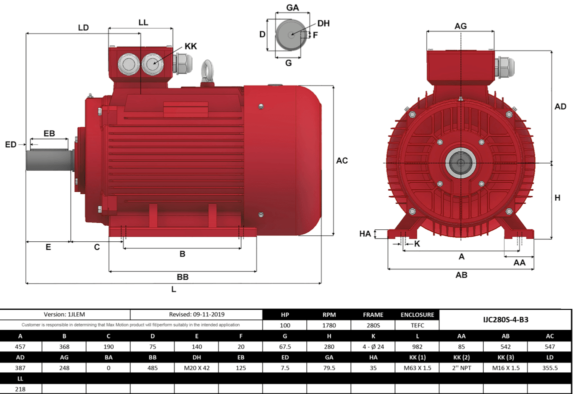 IEC Motor 100HP, 1800RPM, 460/796V, Frame 280S, TEFC | IJC280S-4-47 - Forces Inc