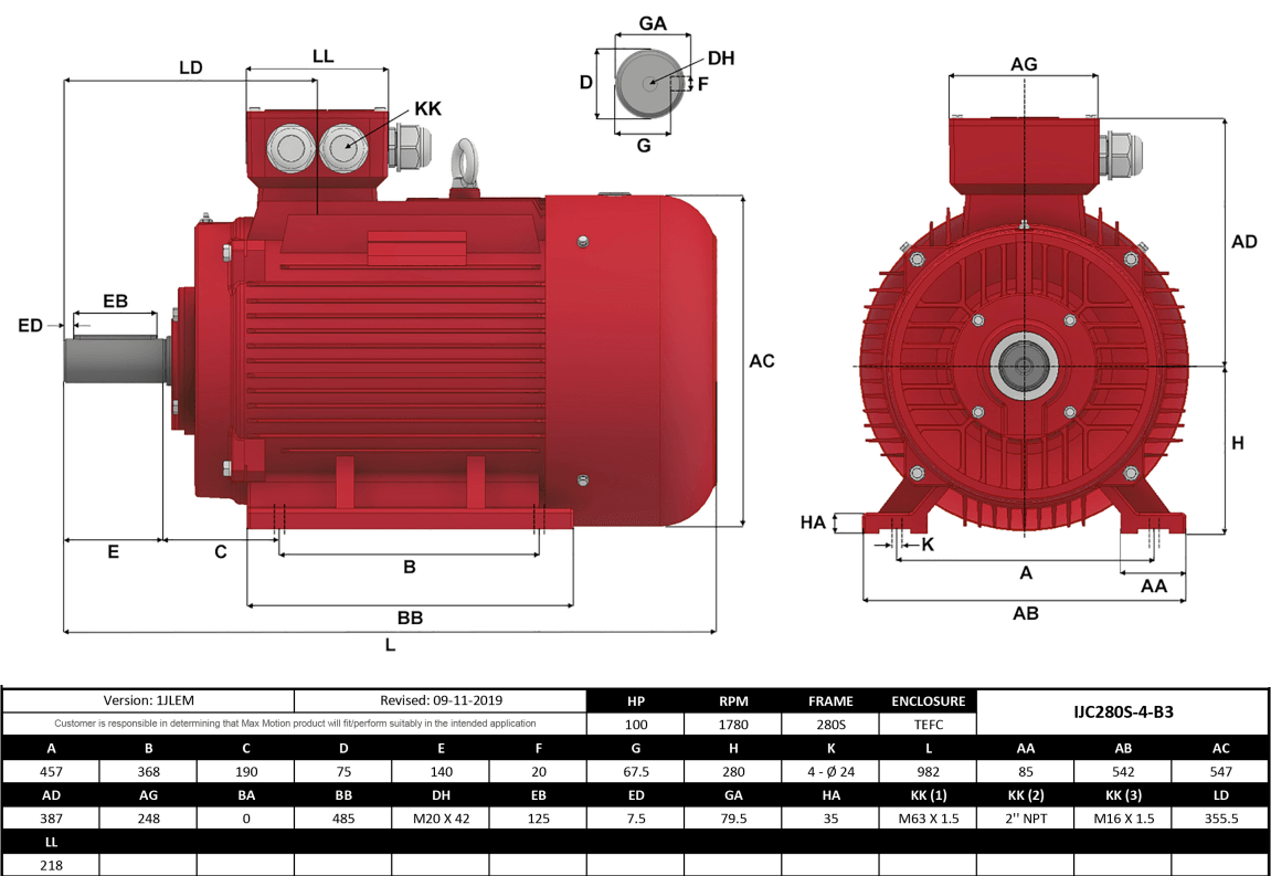 IEC Motor 100HP, 1800RPM, 575/990V, Frame 280S, TEFC | IJC280S-4-59 - Forces Inc