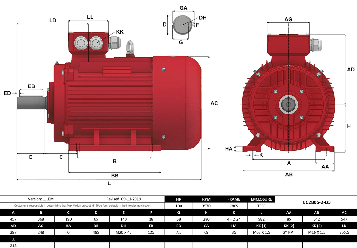 IEC Motor 100HP, 3600RPM, 460/796V, Frame 280S, TEFC | IJC280S-2-47 - Forces Inc