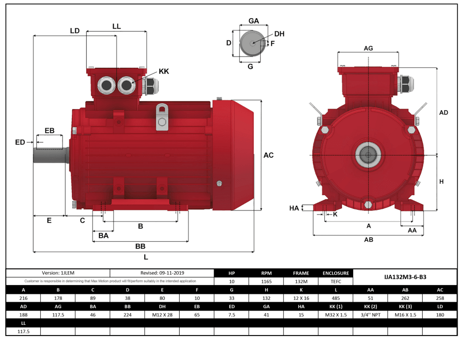 IEC Motor 10HP, 1200RPM, 208-230/460V, Frame 132M, TEFC | IJA132M3-6-46 - Forces Inc