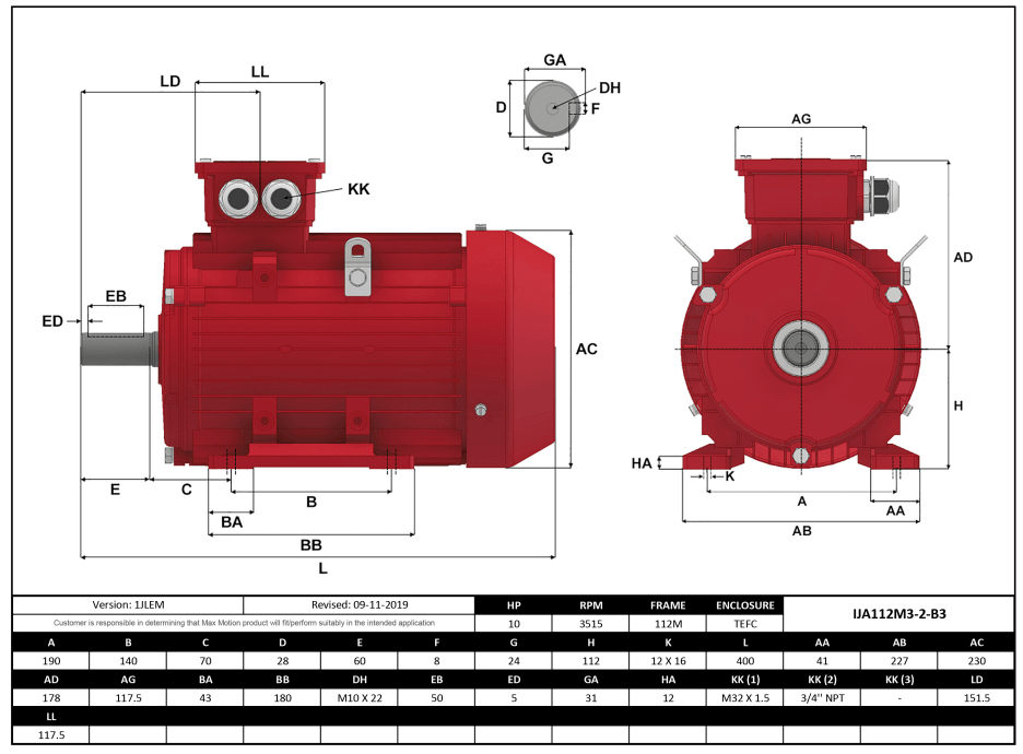 IEC Motor 10HP, 3600RPM, 208-230/460V, Frame 112M, TEFC | IJA112M3-2-46 - Forces Inc